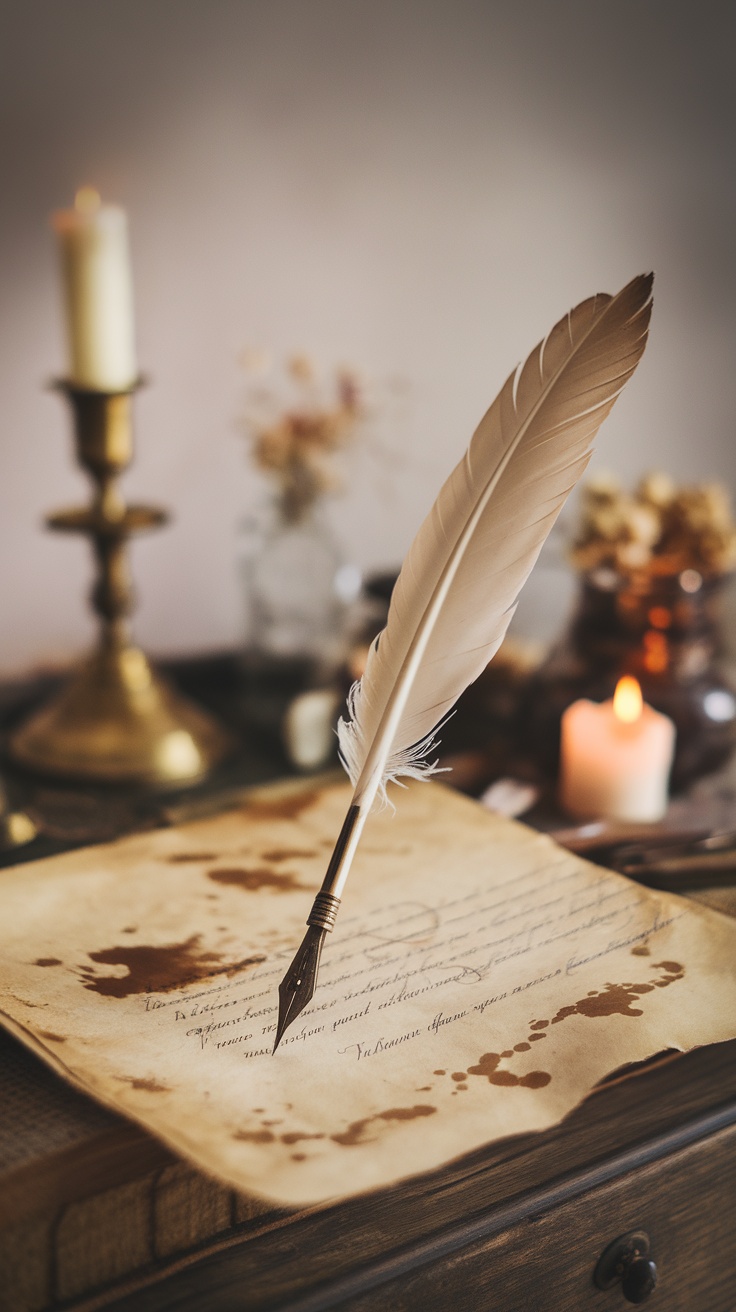 A feather quill and ink on aged parchment, surrounded by soft candlelight.