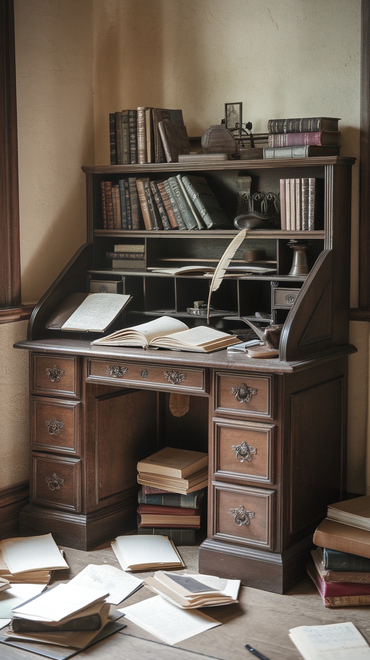A vintage wooden study desk with books and stationary, creating a dark academia aesthetic.